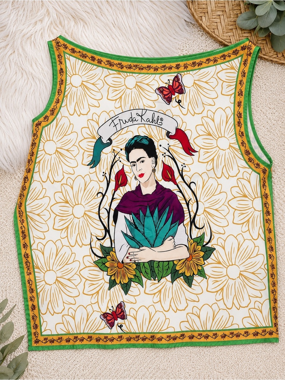 Frida Kahlo Floral Sleeveless Side Slit Blouse Tunic Top Boho Art Print One Size